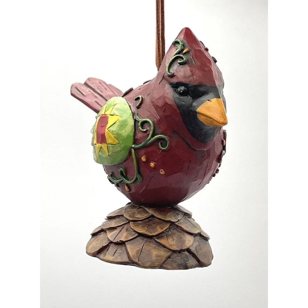 Hand Painted Resin Cardinal Bird Figurine Ornament Folk Art Pinecone Base 3.5